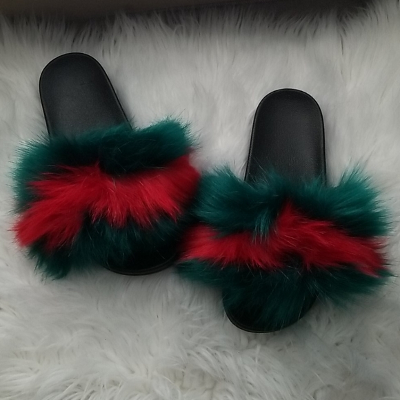 Red Green Faux Fur Slides - Picture 2 of 8